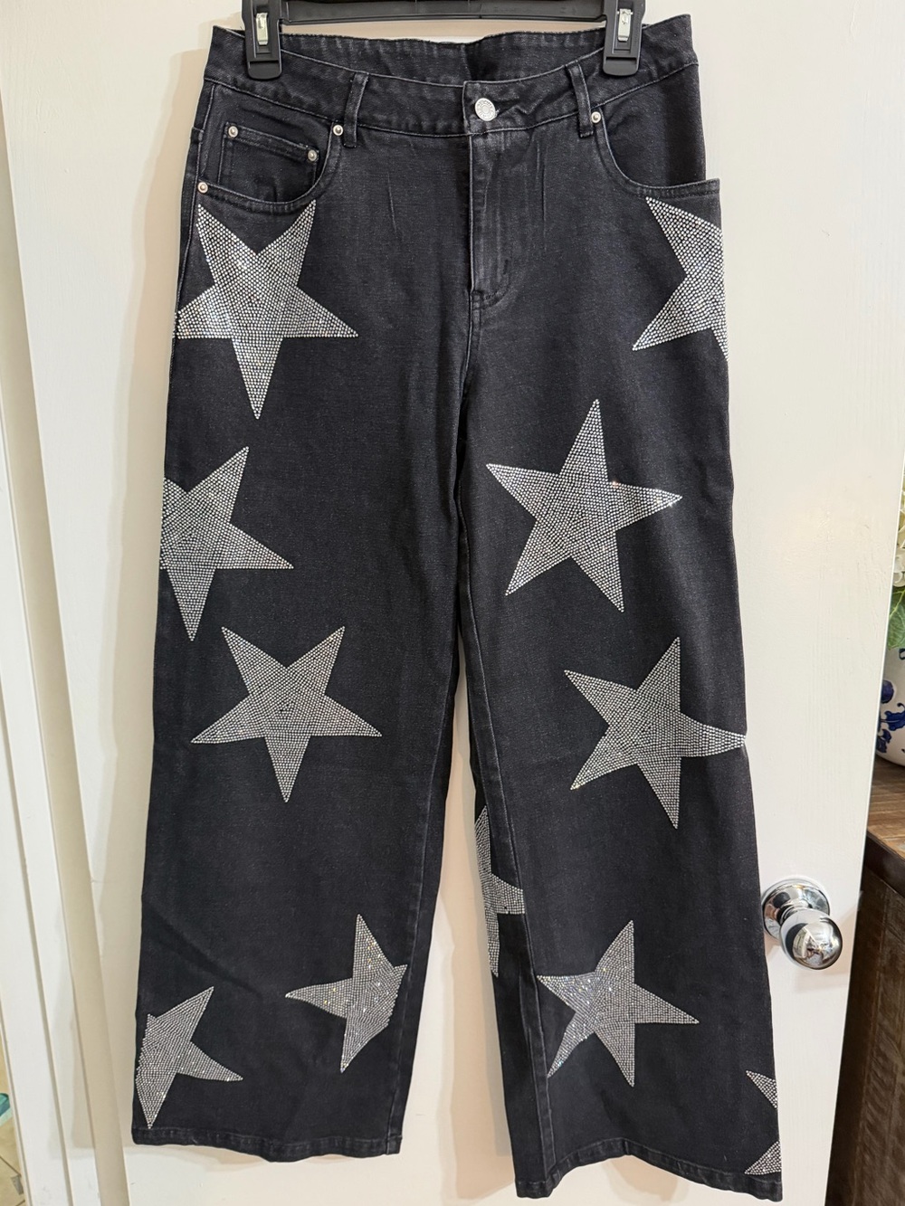 Windsor Black Wide-Leg Jeans with Silver Star Rhinestones